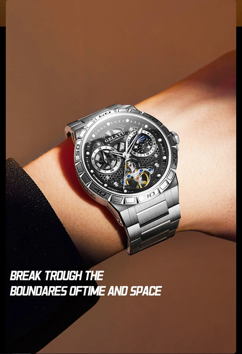 GELATU 6020 Trend Men's Watches Multifunctional Automatic Mechanical Watch for Men Flywheel Hollow out Moon Phase Wristwatch Man
