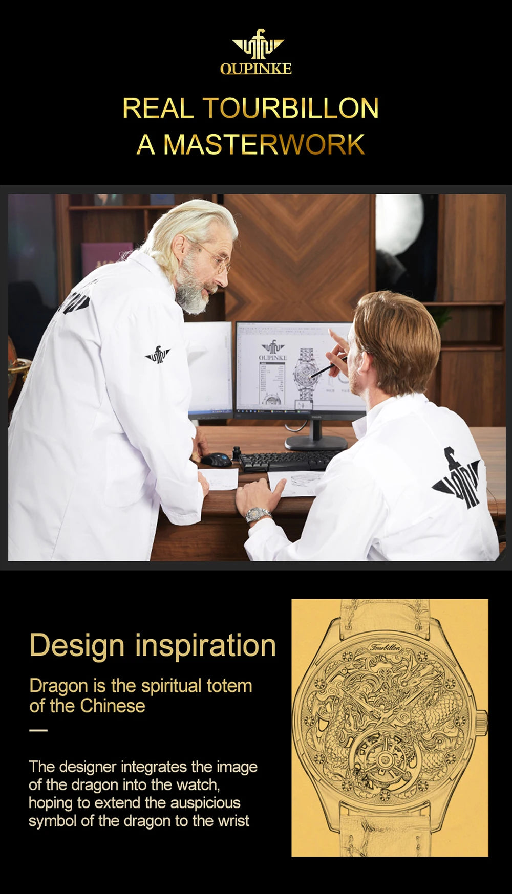 OUPINKE 3176 Top Brand Tourbillon Watch for Men Original Leather Strap Golden Dragon Design Automatic Mechanical Movement Watch