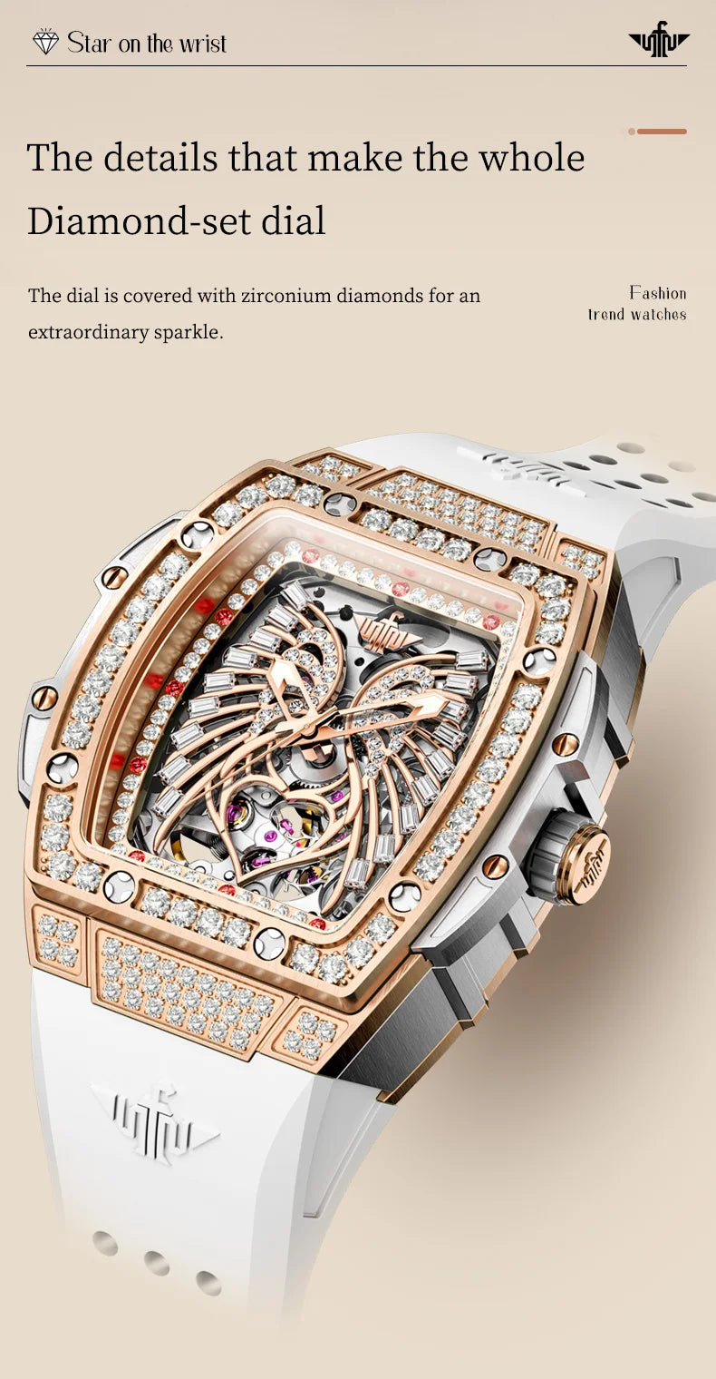 OUPINKE Women's Watches Luxury Fashion Love Diamond Dial Original Automatic Mechanical Watch for Ladies Waterproof Sapphire