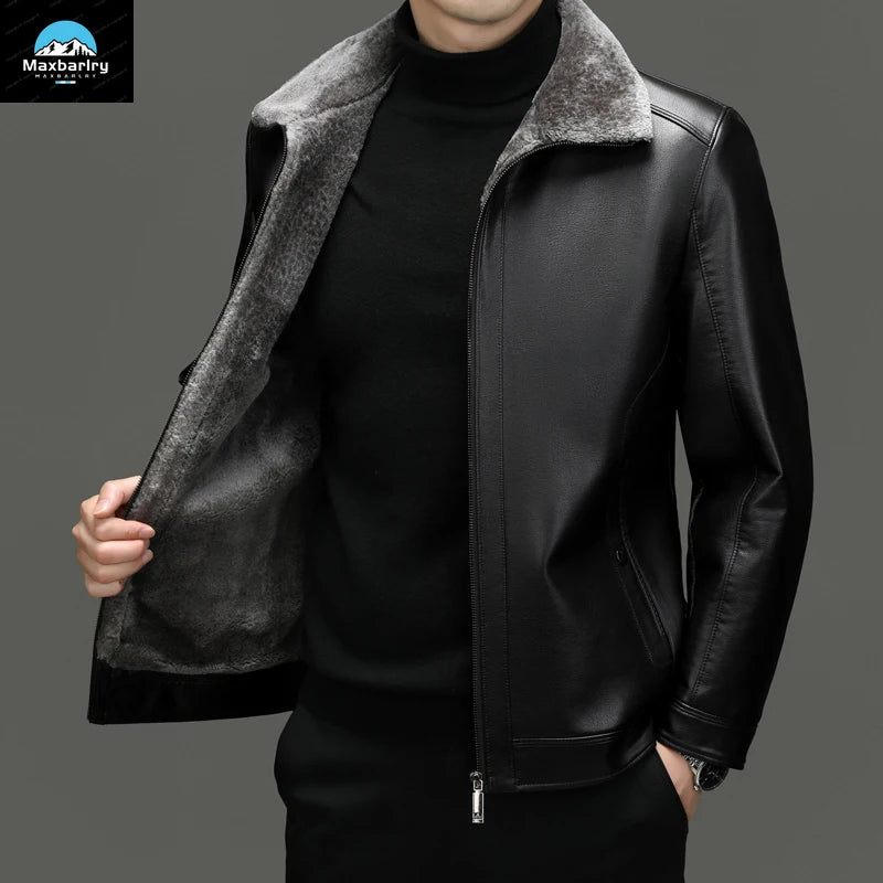 Leather Jacket Men's Winter Luxury Clothing Fur One-piece Thickened Biker Leather Jacket Men's Business Casual Warm Leather Coat