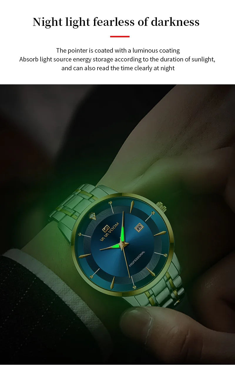 VA VA VOOM Fashion Men's Watches Waterproof Stainless Steel Business Simple Night Light Date Top Brand Quartz Watch for Men