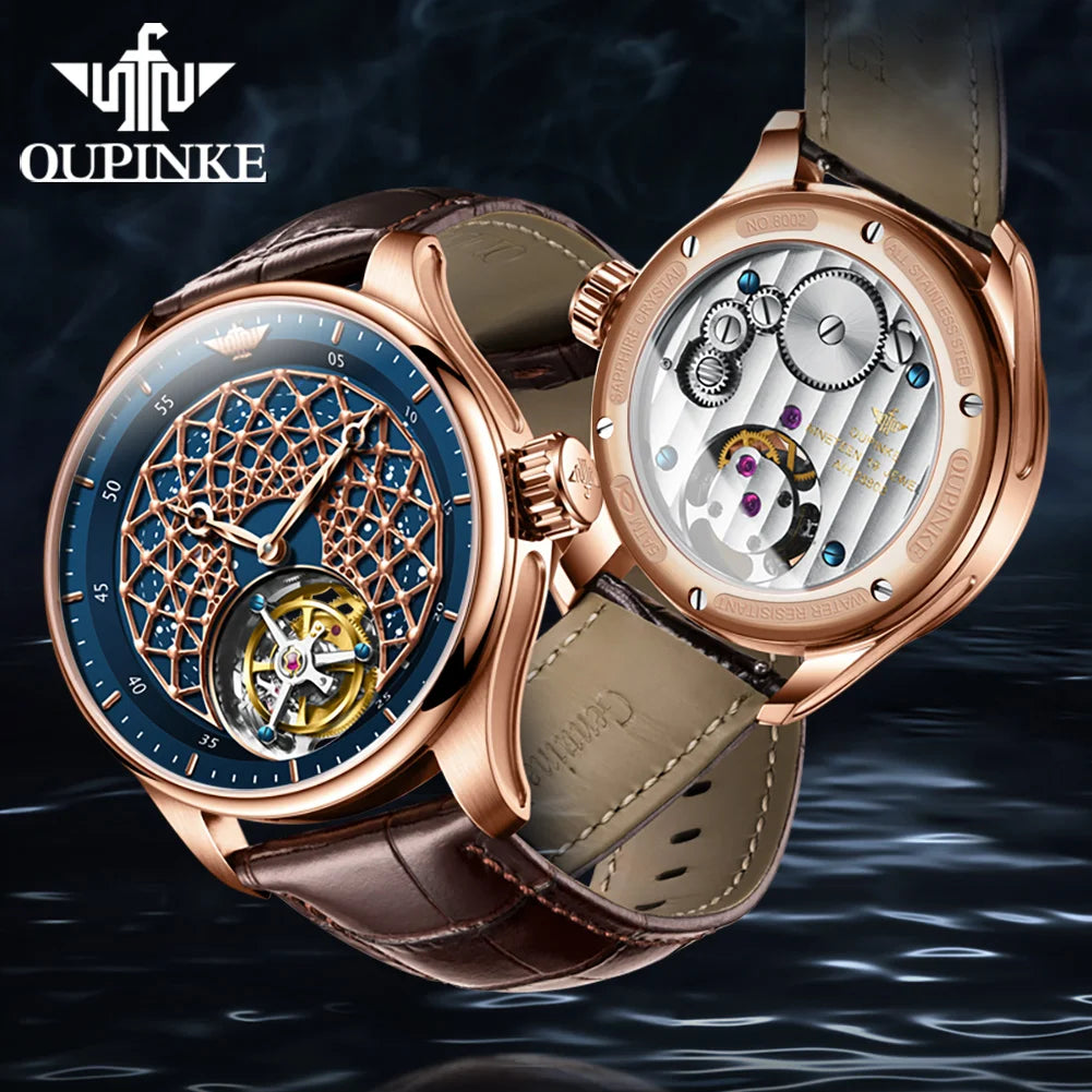 OUPINKE 8002 Watch Man Hollow Deep Waterproof Tourbillon Mechanical Watch For Men Synthetic Sapphire Mirror Fashion Hand Clock