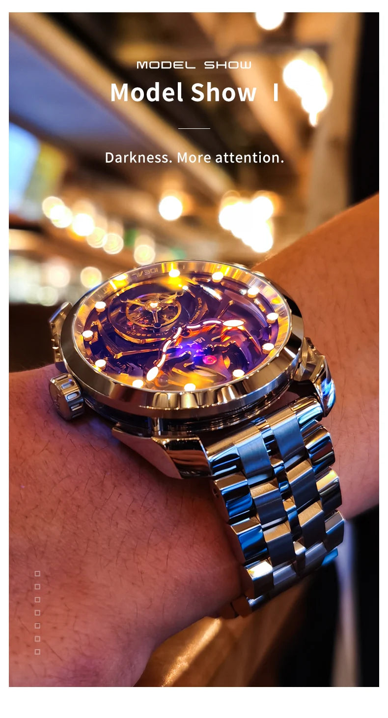 IDEAL KNIGHT 6802 Automatic Watch For Men Hollow Skeleton Mechanical Wristwatch Waterproof Tourbillon Man Watch Sapphire Mirror