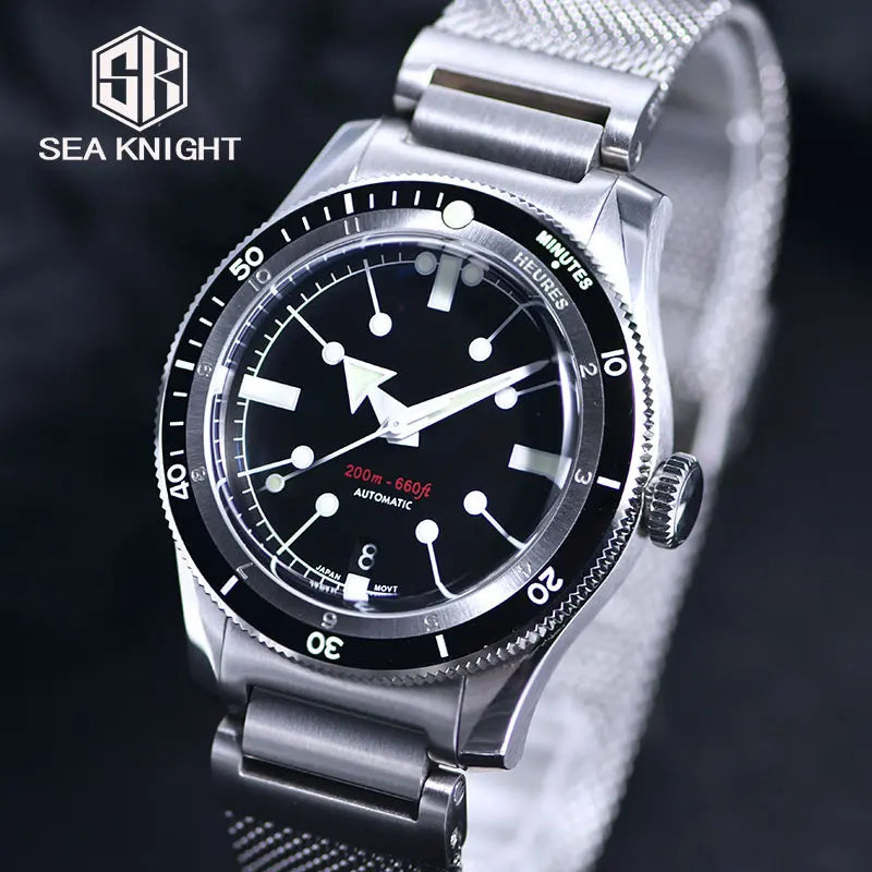 SEA KNIGHT Men 200M Waterproof Diving Watch Sapphire Crystal 316L Steel Mesh Belt C3 Luminous NH35A Automatic Mechanical Watch
