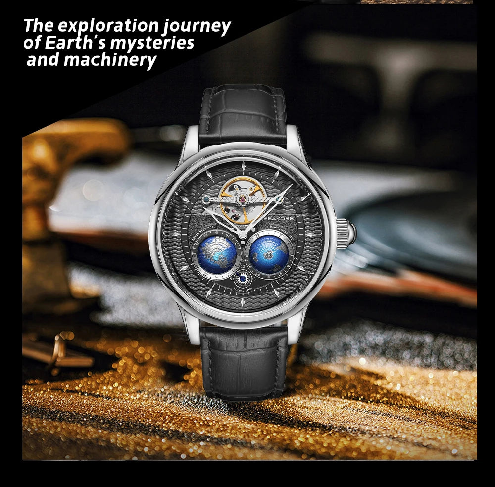 SEAKOSS Luxury Double Earth Rotating Men's Mechanical Watch Automatic Movement Waterproof Clock Pilots Men 1963 Flywheel Watches