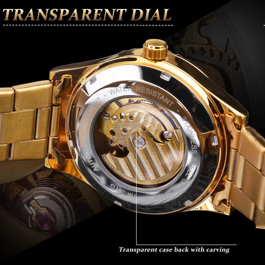 Winner Brand Golden Moon Phase Design Luxury Retro Style Diamond Full Stainless Steel Skeleton Tourbillon Men Automatic Watches