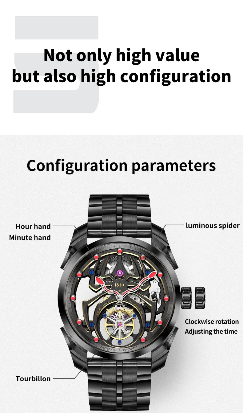 IDEAL KNIGHT 6802 Automatic Watch For Men Hollow Skeleton Mechanical Wristwatch Waterproof Tourbillon Man Watch Sapphire Mirror