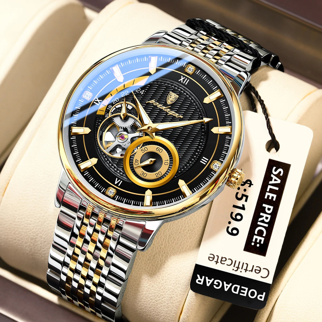 POEDAGAR Luxury Man Wristwatch Top Automatic Mechanical Luminous Men Watch Hollow Tourbillon Stainless Steel Men's Watches Reloj