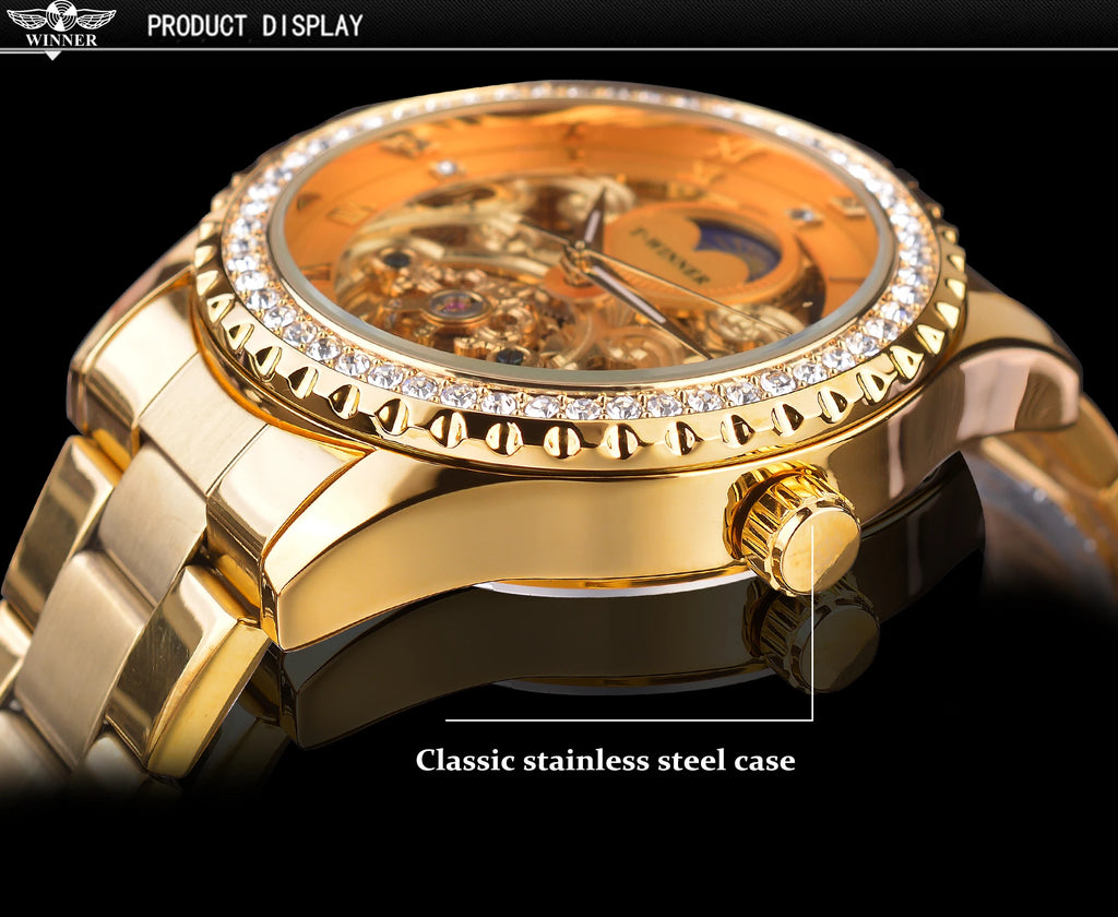 Winner Brand Golden Moon Phase Design Luxury Retro Style Diamond Full Stainless Steel Skeleton Tourbillon Men Automatic Watches