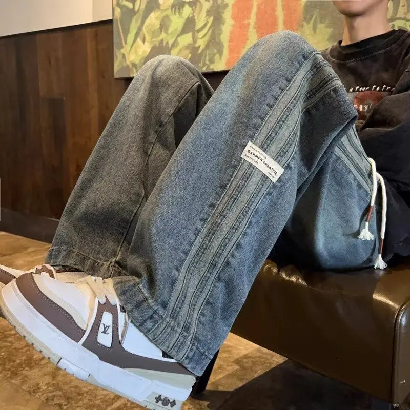 Three bar American retro jeans men's spring and autumn new style high street elastic waist loose casual men's straight leg long