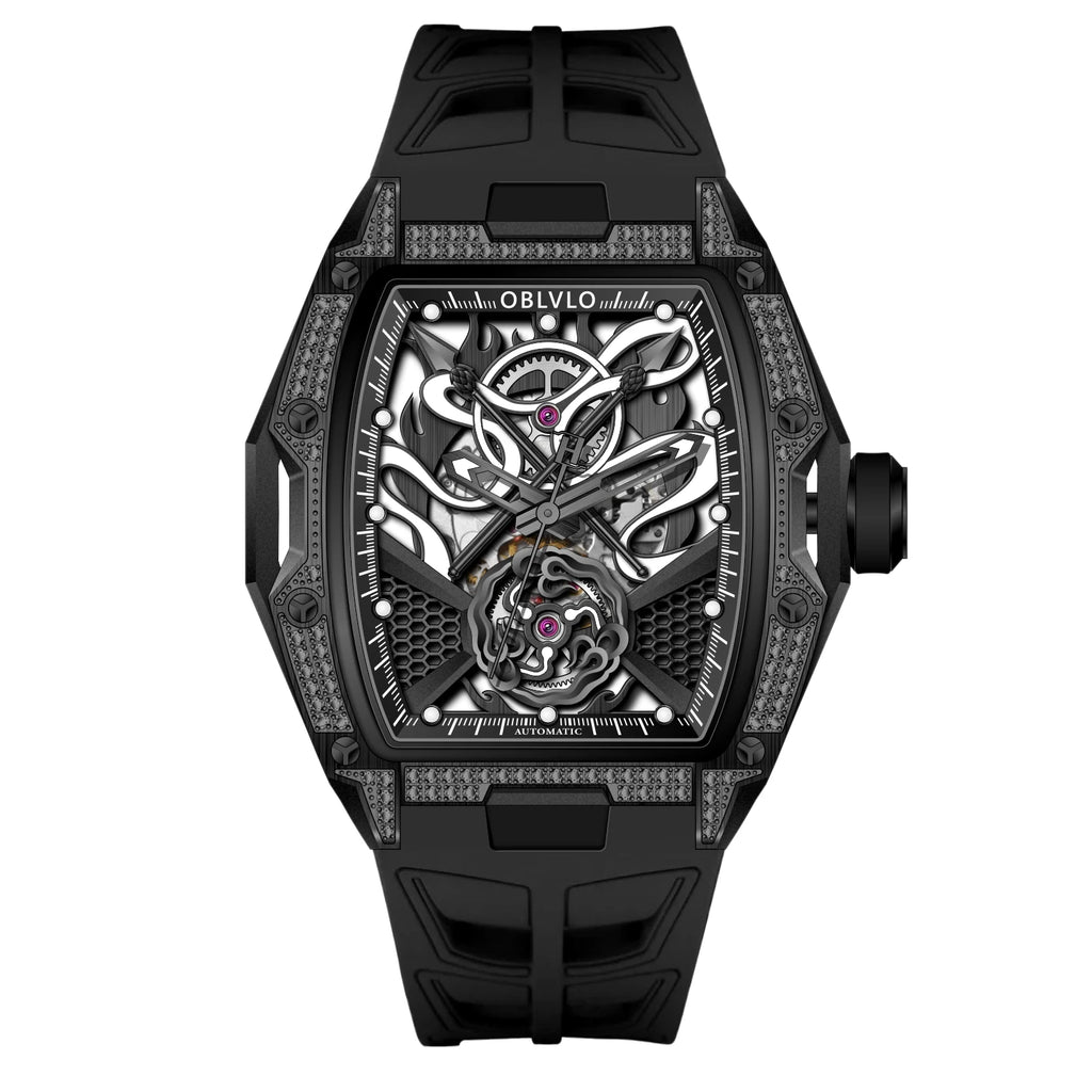 OBLVLO Top Luxury Men's Designer Skeleton Watc Fashion Tonneau Super Luminous Rubber Band Automatic Watches Relojes ZM