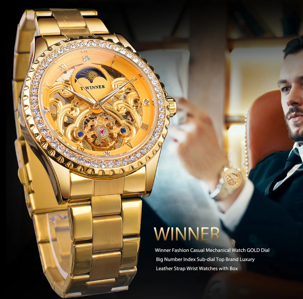 Winner Brand Golden Moon Phase Design Luxury Retro Style Diamond Full Stainless Steel Skeleton Tourbillon Men Automatic Watches