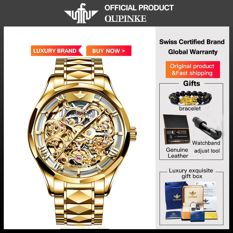 OUPINKE Watches Men Skeleton Automatic Mechanical Wristwatch Luxury Top Brand Sapphire Mirror Tungsten Steel Hollow Montre Homme