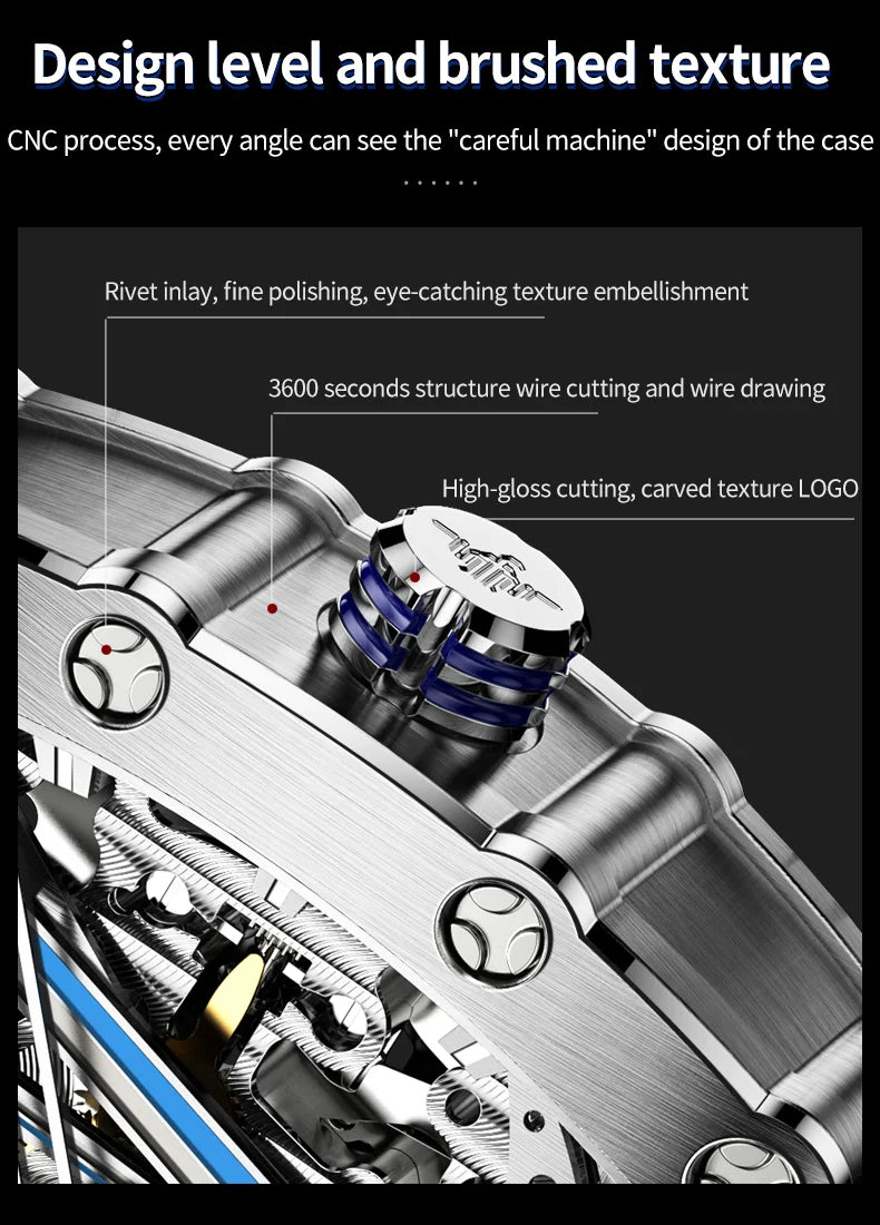 OUPINKE 3179 Men's Watches Top Brand Skeleton Tonneau Automatic Mechanical Luxury Original Watch for Men 5m Waterproof Man Watch