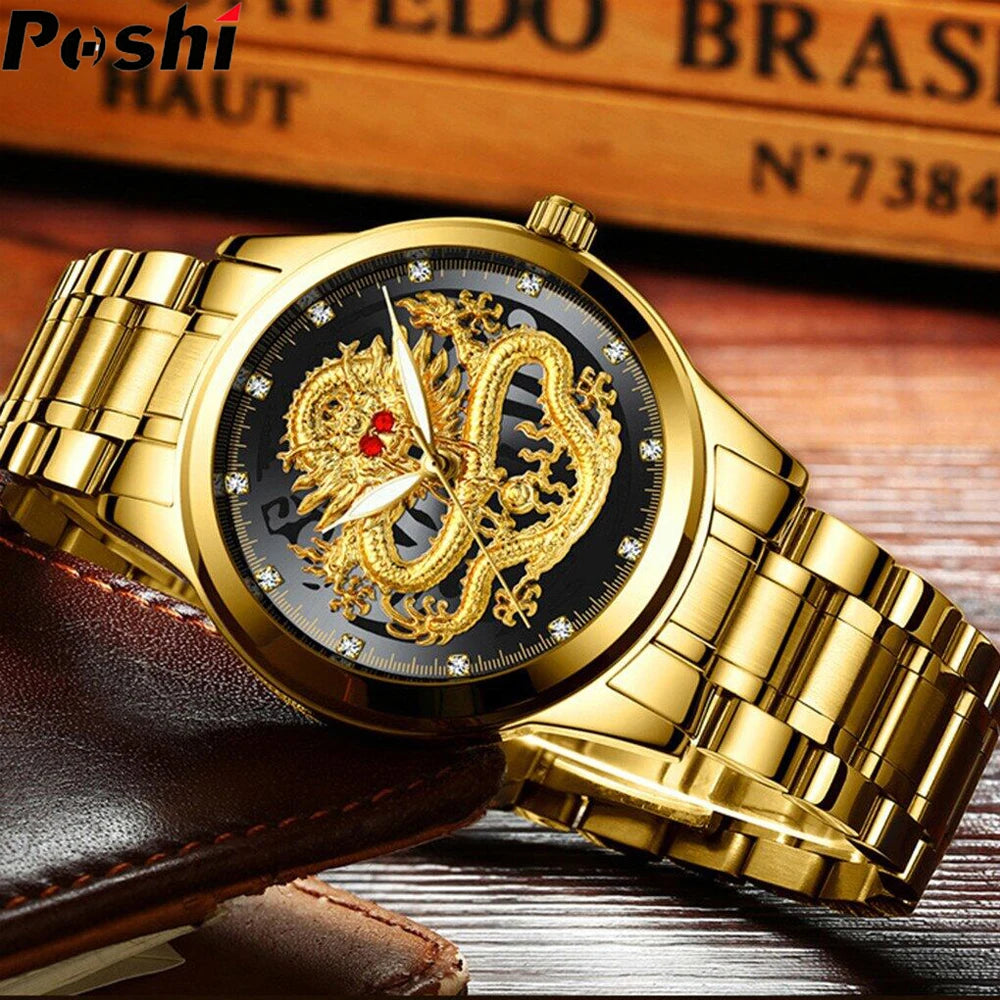 POSHI Stainless Steel Fashion Quartz Watch Gold Dragon Men's Watches Luxury Original Design Waterproof Quartz Movement Clock