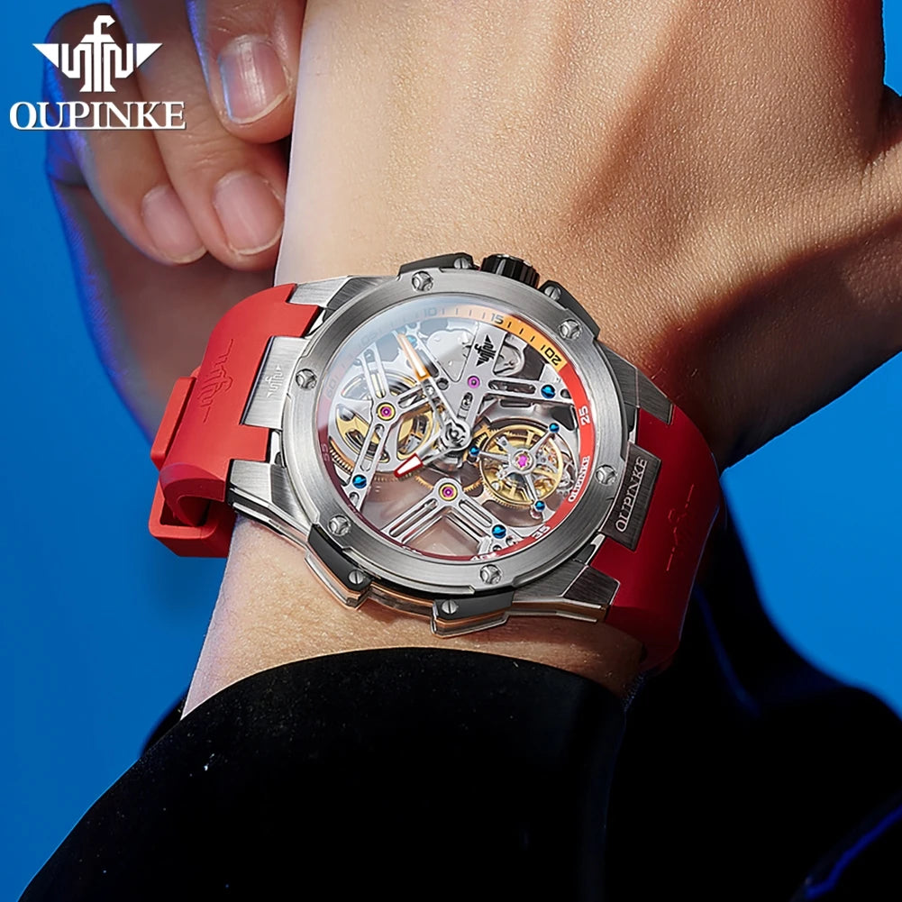OUPINKE 8003 Real Tourbillon Watch Automatic Mechanical Watch for Men Skeleton Hollowed Transparent High-end Luxury Wristwatches
