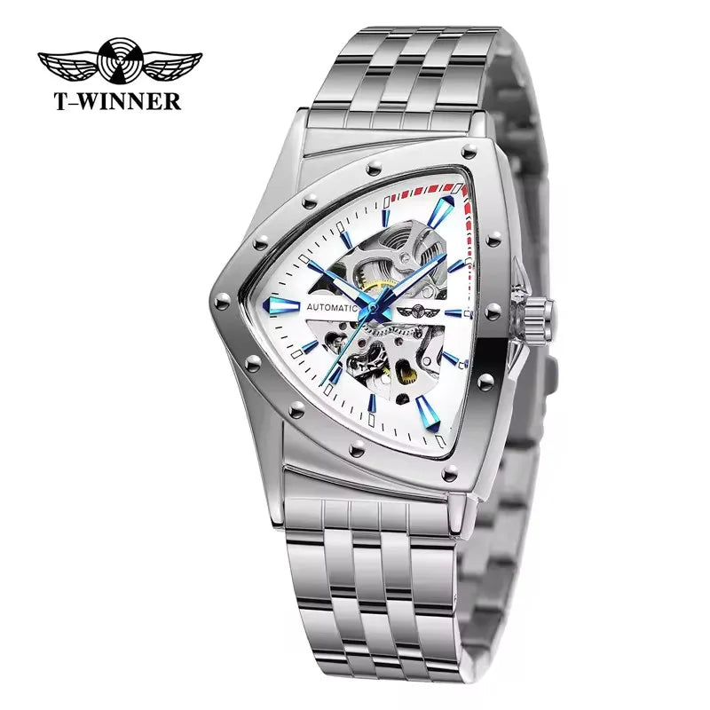 Winner 395S Premium Men's Luxury Automatic Mechanical Watch Stainless Steel Hollow Triangle Skeleton Dial Casual Men's Clock