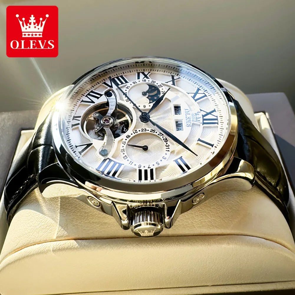 OLEVS 7013 Men's Watch Fashion Moon Phase Mechanical Watch For Men Waterproof Roman Scale Hollow Flywheel Automatic Hand Clock