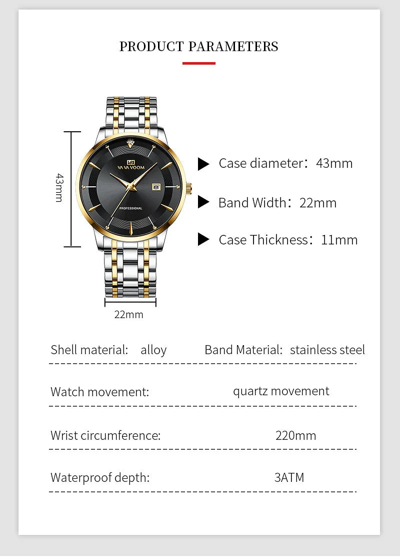 VA VA VOOM Fashion Men's Watches Waterproof Stainless Steel Business Simple Night Light Date Top Brand Quartz Watch for Men