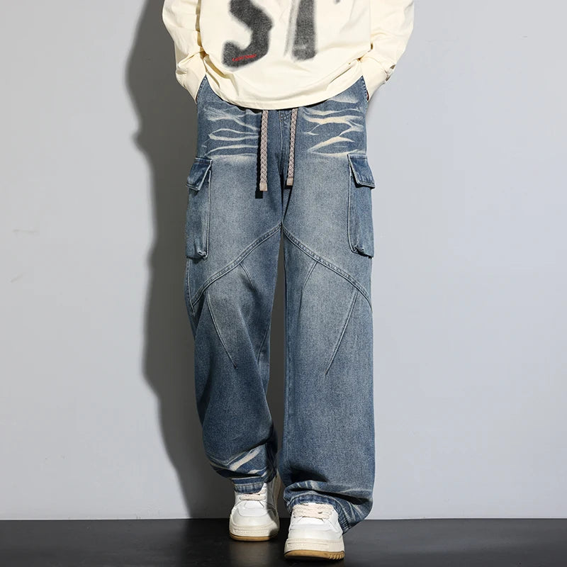 Autumn New 390g Wide Leg Washing Jean Pants Men Trousers Neutral Loose Casual Fashion Young Trend Cargo Pants Big Size 9xl