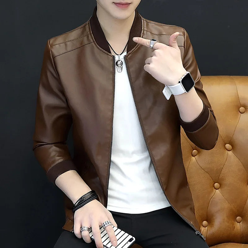 2025 Men's Leather Jacket Slim Fit Casual Men's Jacket Autumn Men's PU Leather Jacket Men's Korean Style Trendy Simple