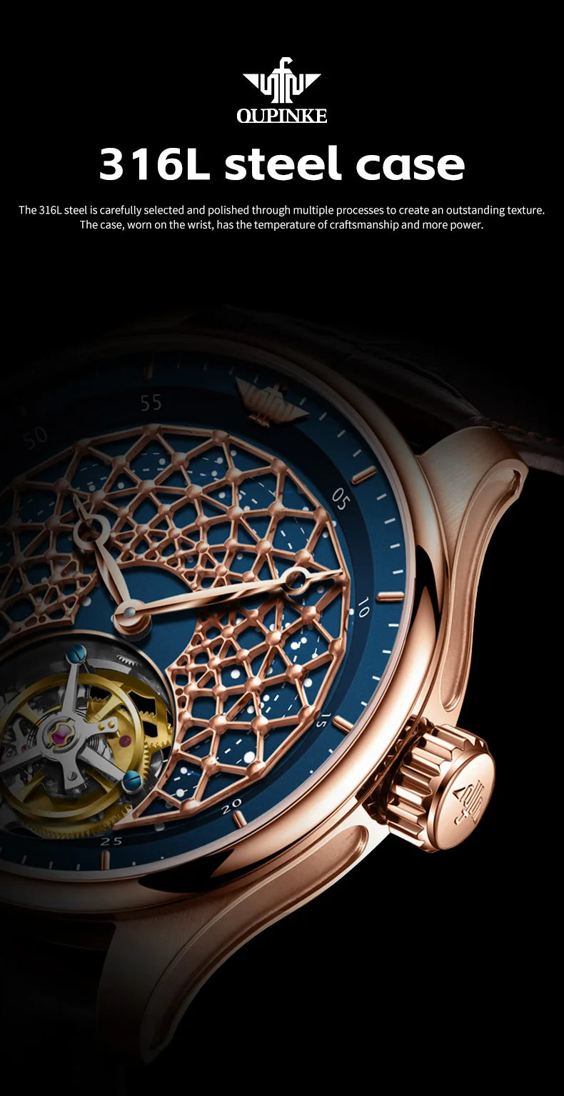 OUPINKE 8002 Watch Man Hollow Deep Waterproof Tourbillon Mechanical Watch For Men Synthetic Sapphire Mirror Fashion Hand Clock