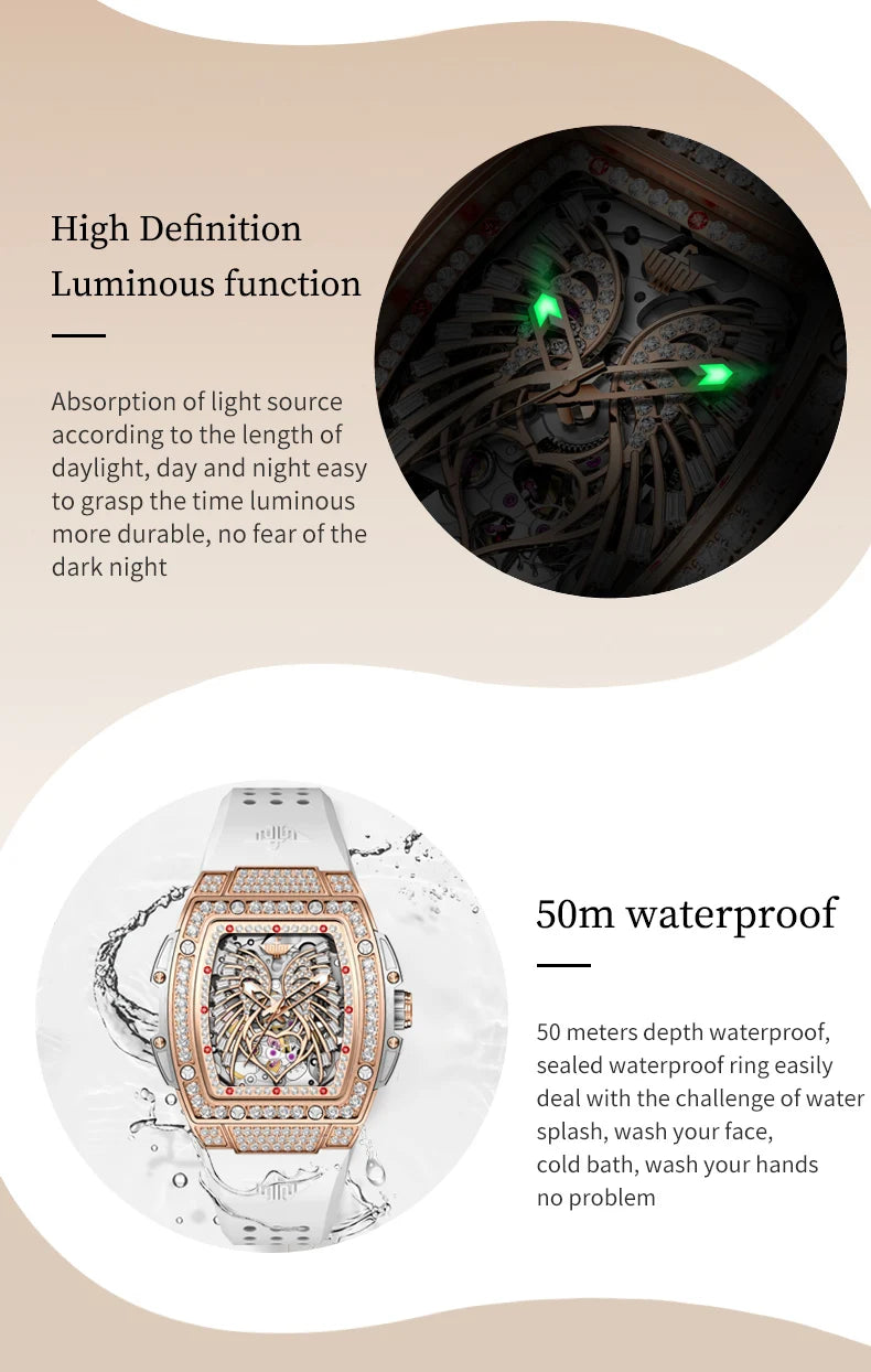 OUPINKE Women's Watches Luxury Fashion Love Diamond Dial Original Automatic Mechanical Watch for Ladies Waterproof Sapphire