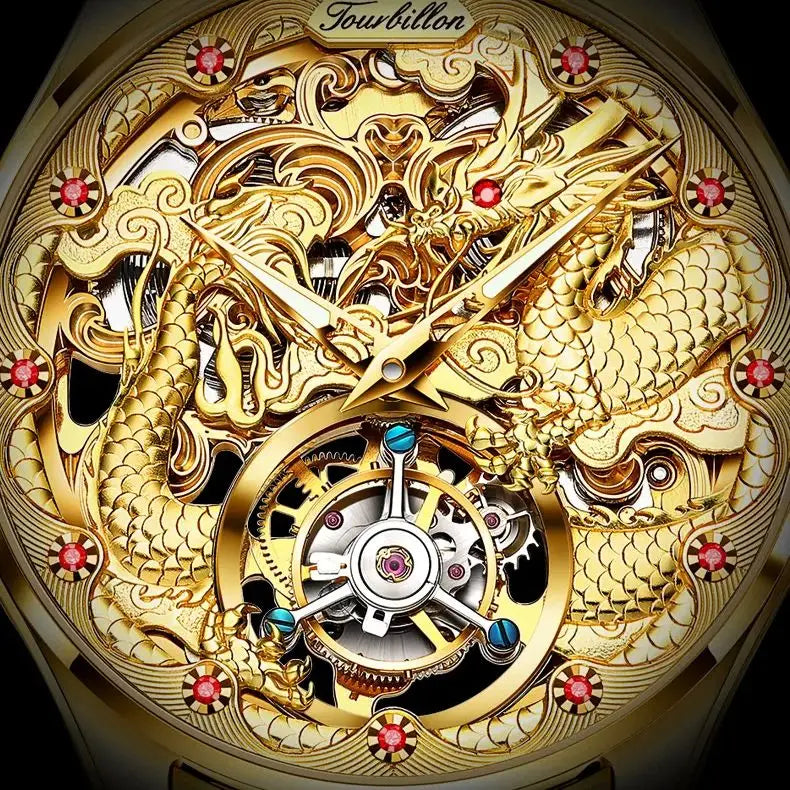 OUPINKE Gold Dragon Automatic Watch for Men Tourbillon Skeleton Mens Watches Original High Quality Luxury Mechanical Wristwatch
