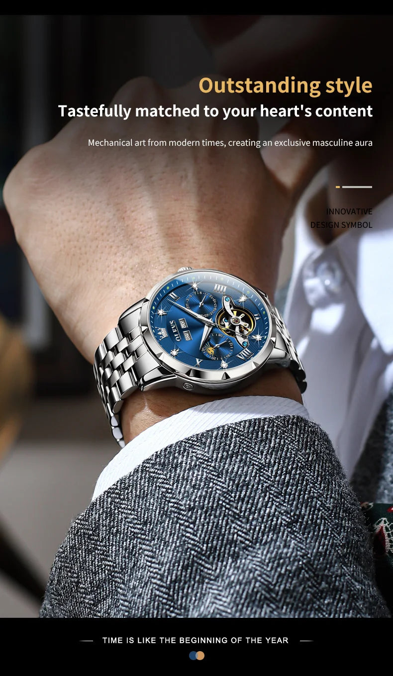 OLEVS Skeleton Multifunctional Men's Watch Automatic Mechanical Luxury Wrist Watch For Men Waterproof Stainless Steel Strap 6691