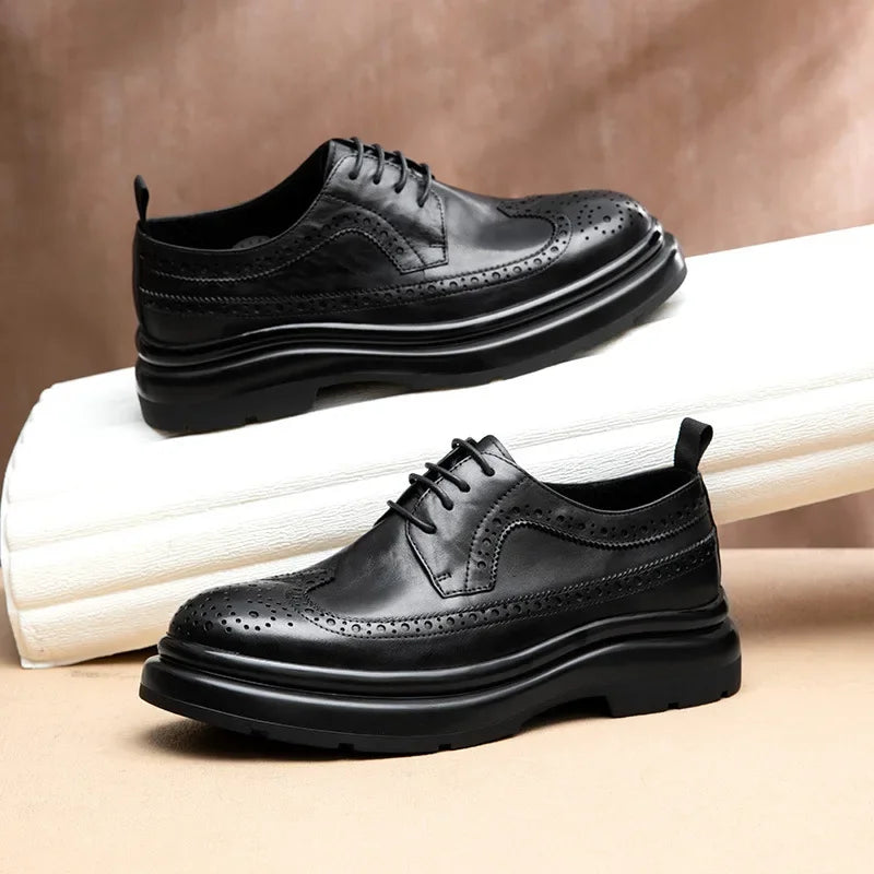 Spring Summer Leather Shoes Men's Genuine Leather Formal Casual Business British Trendy Brogue Thick Bottom Cowhide Shoes