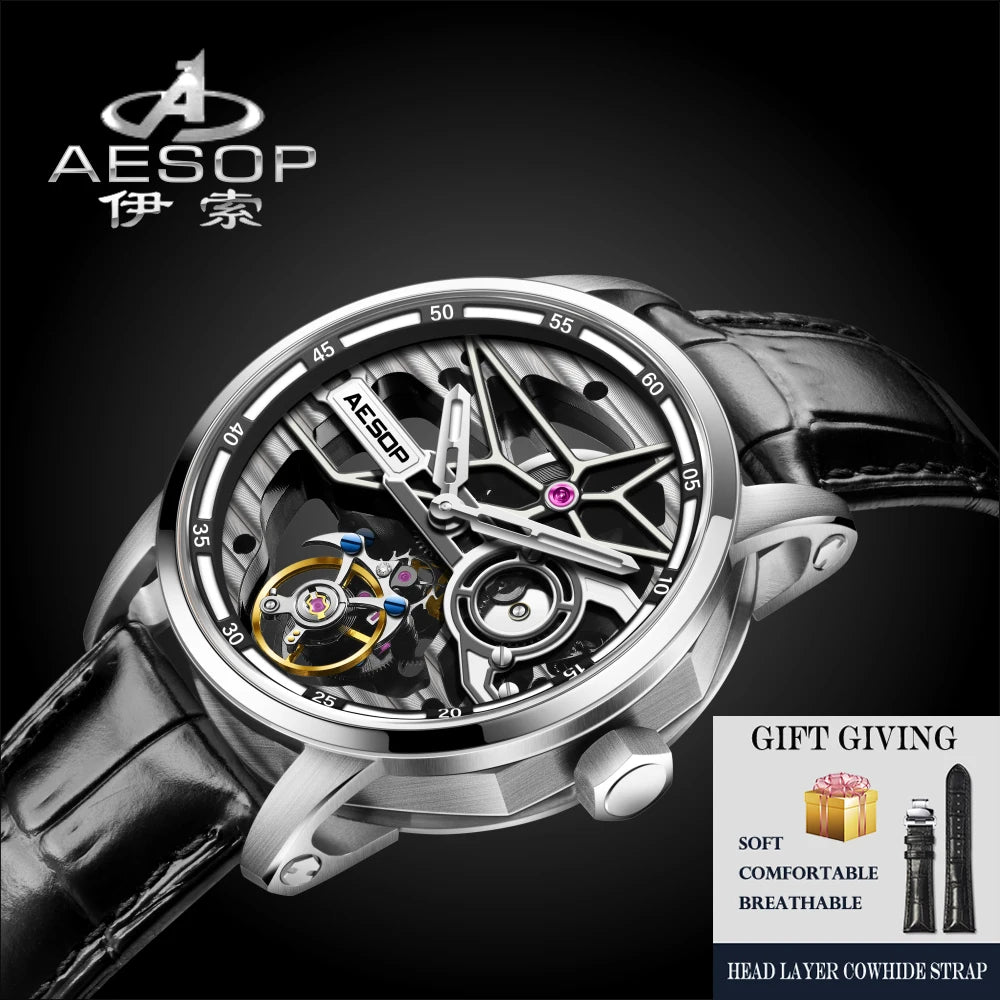AESOP Flying Tourbillon Watch for Men Skeleton Automatic Tourbillon Movement Mechanical Wrist Watches Mens Fashion Sapphire New