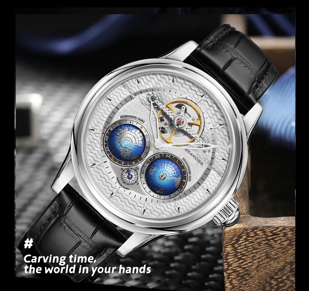SEAKOSS Luxury Double Earth Rotating Men's Mechanical Watch Automatic Movement Waterproof Clock Pilots Men 1963 Flywheel Watches