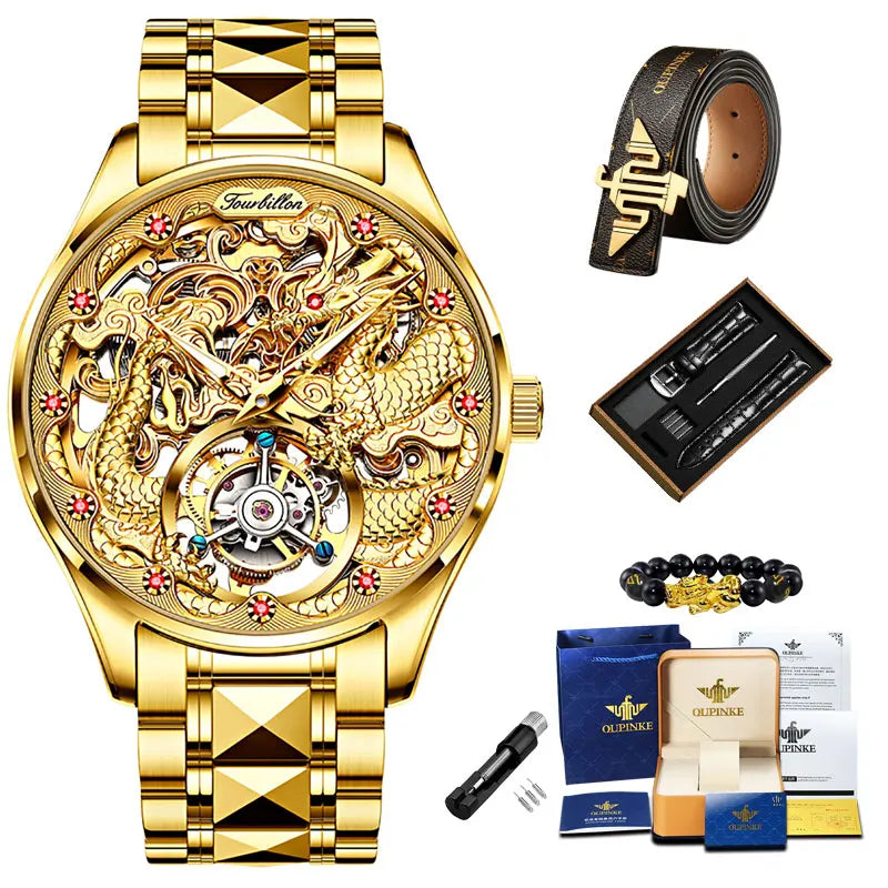 OUPINKE Gold Dragon Automatic Watch for Men Tourbillon Skeleton Mens Watches Original High Quality Luxury Mechanical Wristwatch