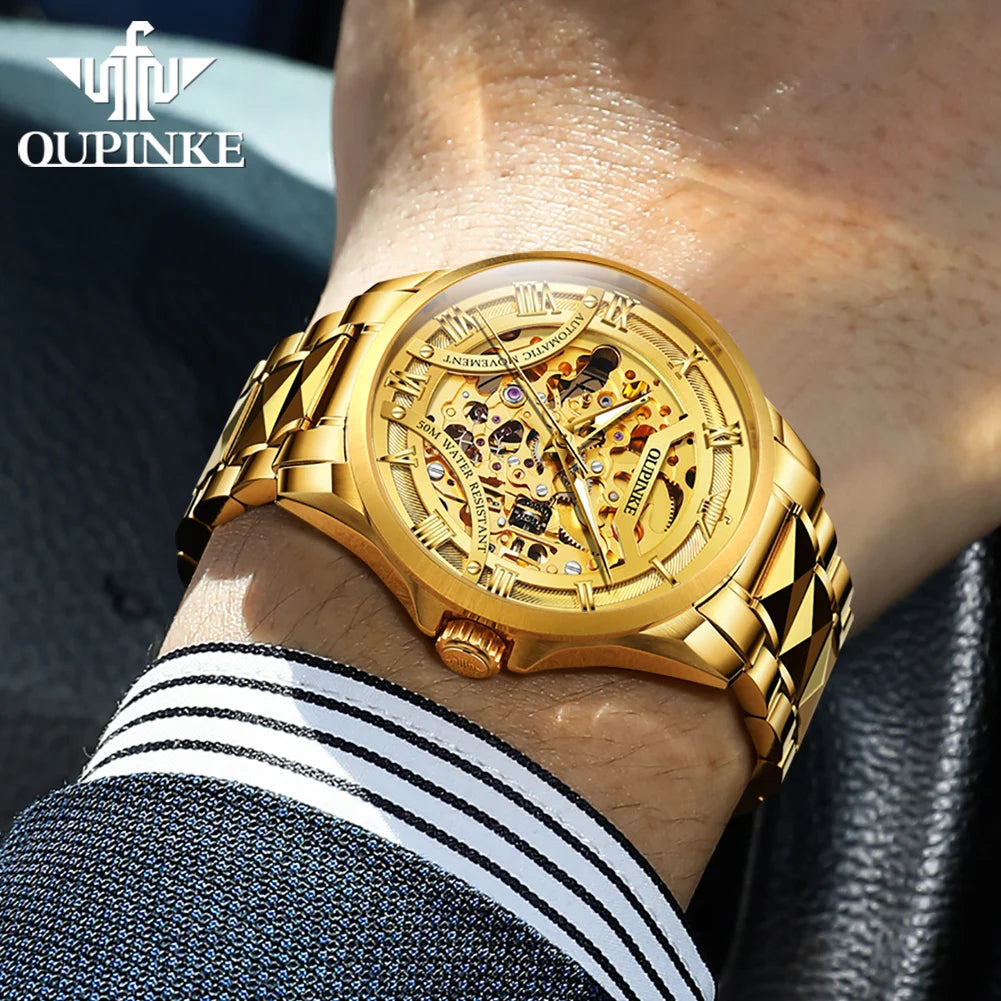 OUPINKE 3210 Gold Men Fully Automatic Mechanical Watch High end Original 3D Hollow Design Waterproof Luminous Men Watch Luxury