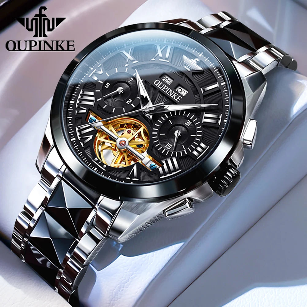 OUPINKE 3236 Men Watch Hollow Skeleton Date Luxury Mechanical Watch For Men Deep Waterproof Roman Scale Male Business Wristwatch