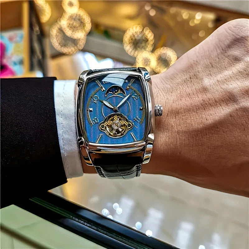 [Luxury Tourbillon Mechanical Watch] Light Luxury Tourbillon Mechanical Watch for Men - Fully Automatic High-End Fashion Trend Hollow Business Casual Men's Watch - Sun, Moon, Star, Barrel Shape, Temperament Large Plate, Gift