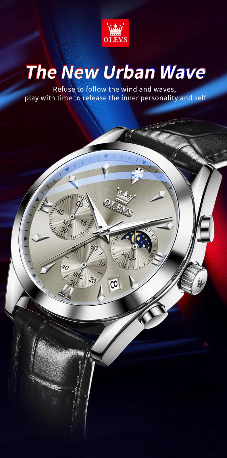 OLEVS 3609 Original Moon Phase Chronograph Man Watch Leather Strap Waterproof Luminous Luxury Brand Quartz Wrist Watches for Men