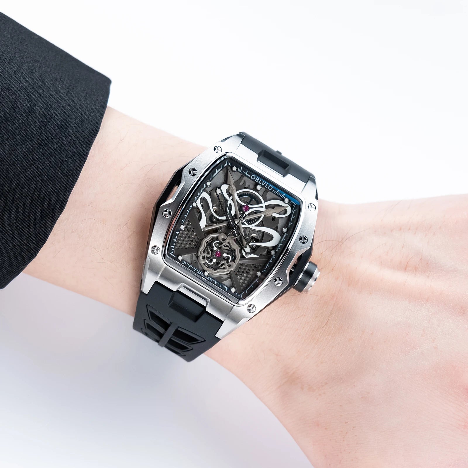 OBLVLO Top Luxury Men's Designer Skeleton Watc Fashion Tonneau Super Luminous Rubber Band Automatic Watches Relojes ZM
