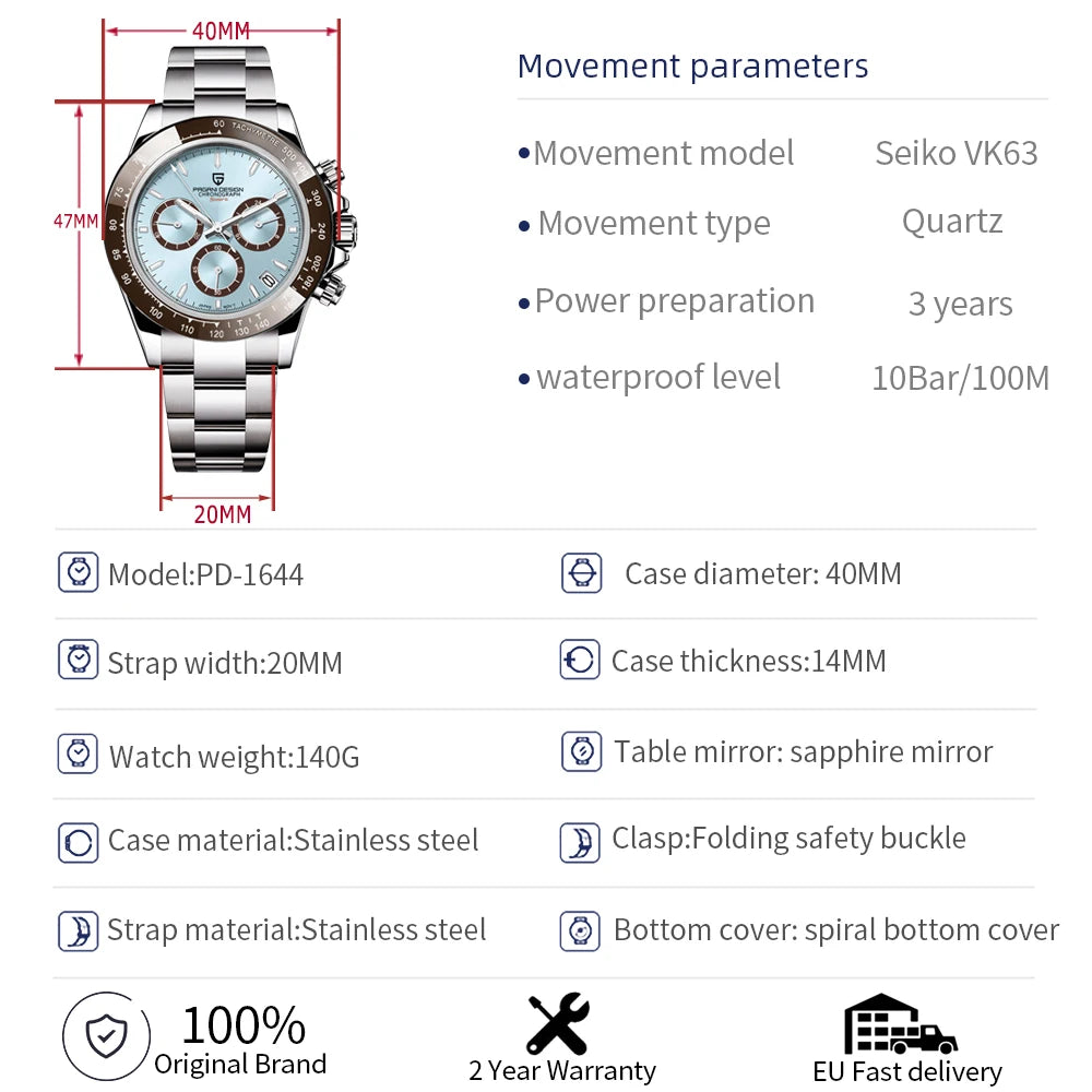 PAGANI DESIGN 2023 New Men's Watches Luxury Quartz Watch For Men Chronograph VK63 Automatic date 100M Waterproof Ceramic bezel