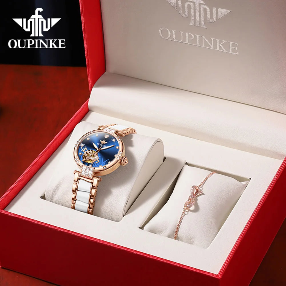 OUPINKE 3211 Women's Watch Elegant Rose Gold Diamond Ceramic Automatic Machinery Women's Watch Luxury Brand Women's Bracelet Set