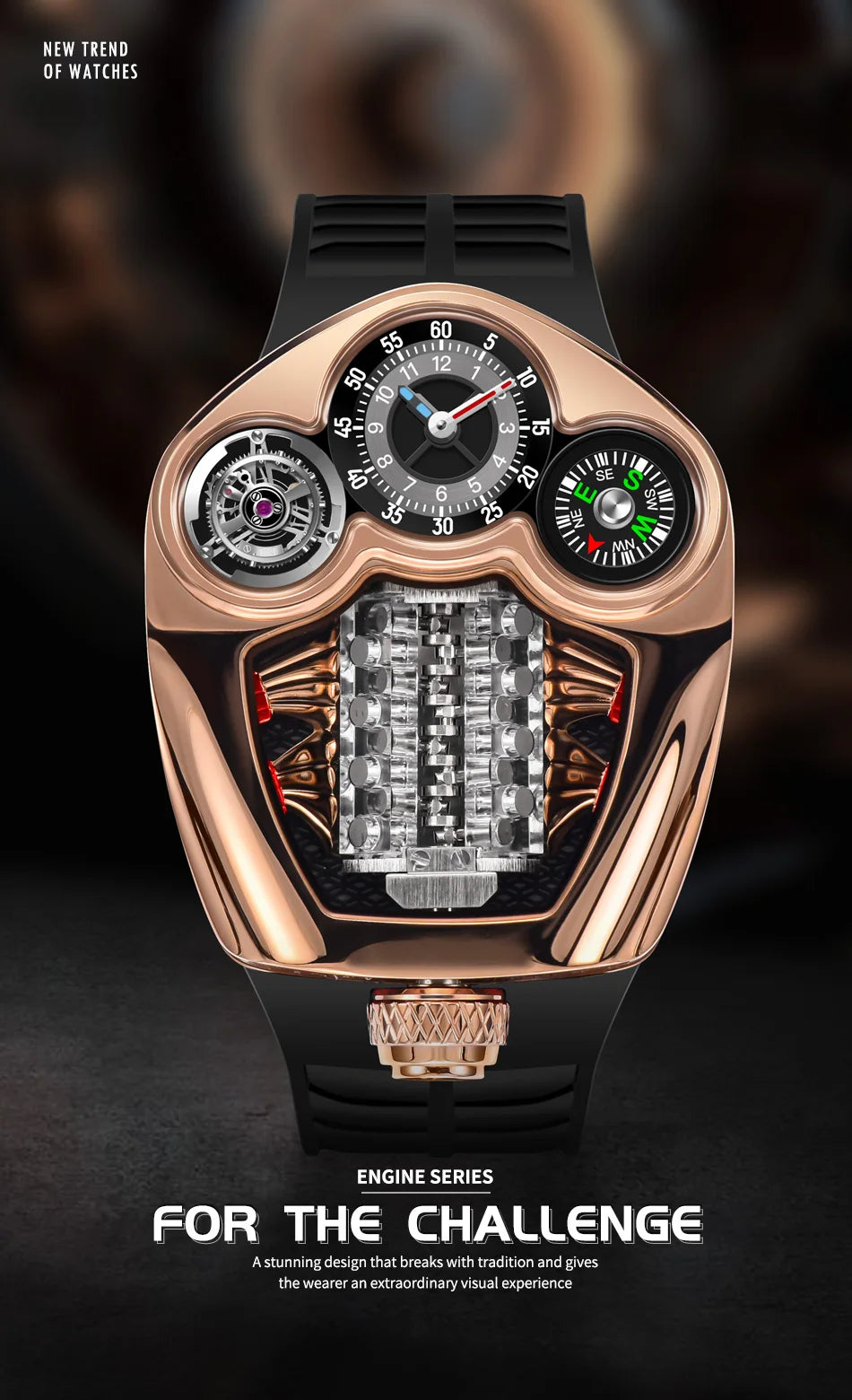 2025 Pindu brand watch men's gold black engine series quartz silicone strap business watch adjustable time watch
