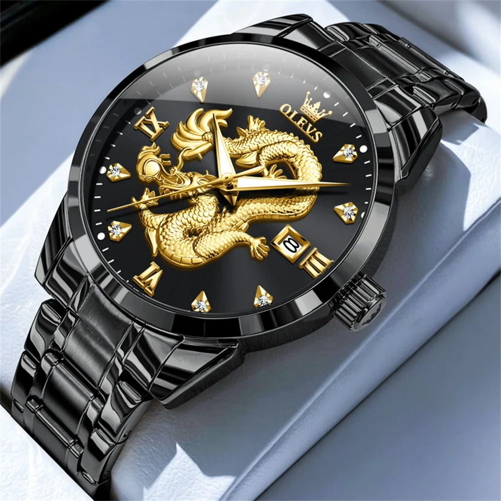 OLEVS 3619 Mens Watch Top Brand Fashion Original Quartz Watch for Man China Loong Dragon Dial Waterproof Luminous Date Reloj