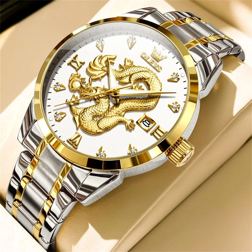 OLEVS 3619 Mens Watch Top Brand Fashion Original Quartz Watch for Man China Loong Dragon Dial Waterproof Luminous Date Reloj