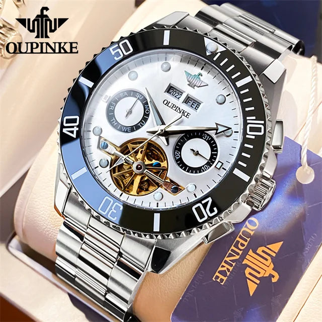 OUPINKE Automatic Mechanical Watches for Men White Black Panda Eye Skeleton Luxury Top Brand Sapphire Mirror Male Diving Watches
