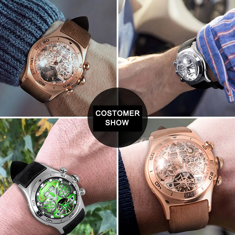 Reef Tiger/RT Luminous Sport Automatic Watches For Men Steel Tourbillon Year Month Calendar Sapphire Waterproof Clock RGA703