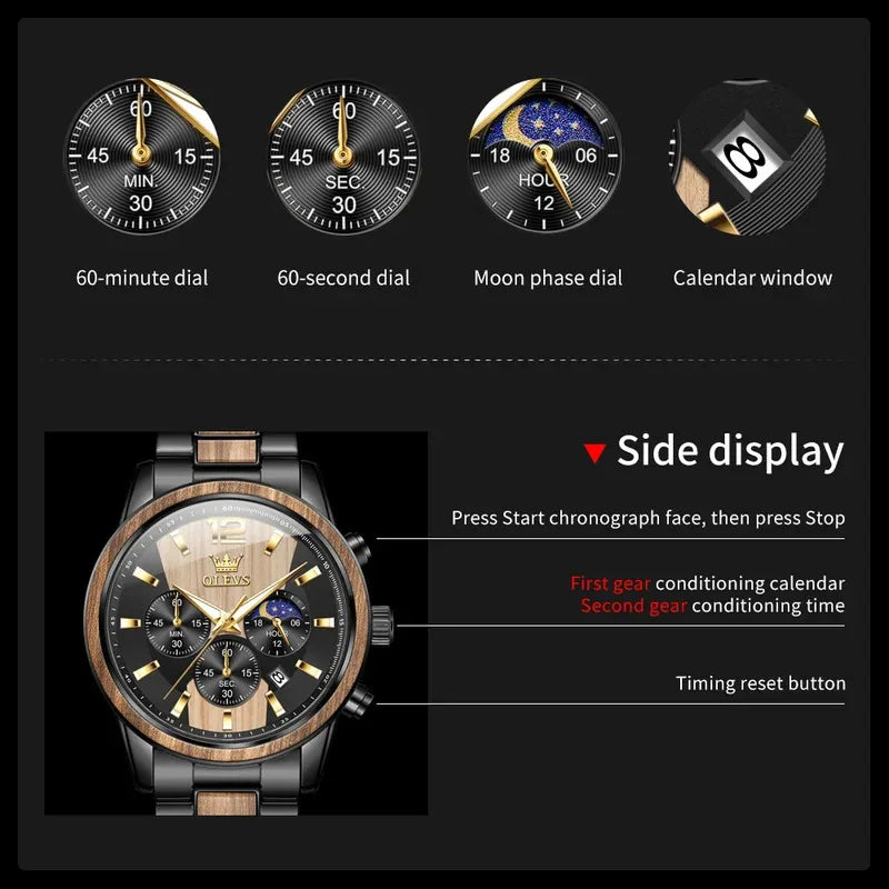 OLEVS 3645 Mens Watch Top Business Quartz Watch Solid Wood Multifunctional Chronograph Watch Moon Phase Reloj New