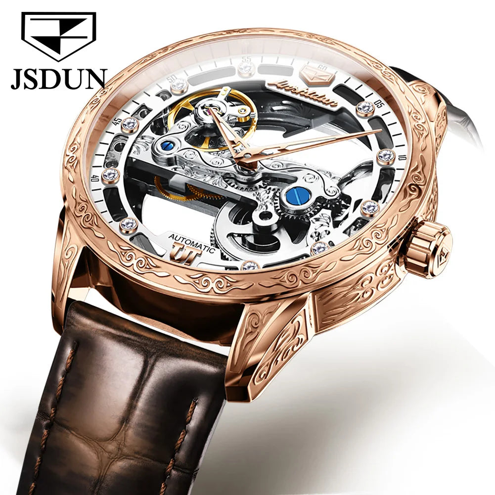 JSDUN 8917 Mens Watch Leather Strap Original Business Multifunctional Mechanical Watch﻿ Waterproof Watches For Man Gifts
