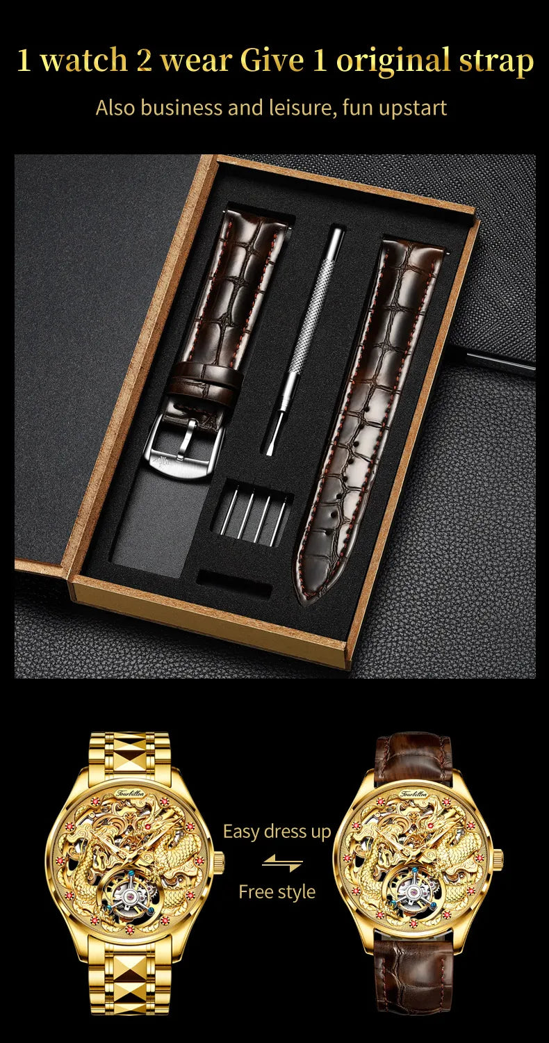 OUPINKE Real Tourbillon Watches Man Tungsten Steel Skeleton Flywheel Automatic Mechanical Men's Watches Luxury Dragon Watch 3176
