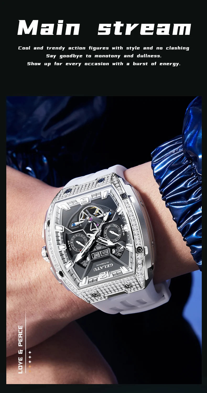 GELATU 6016 Skeleton Flywheel Automatic Men Watch Original Waterproof Silicone Strap Luxury Brand Diamond Men Mechanical Watch