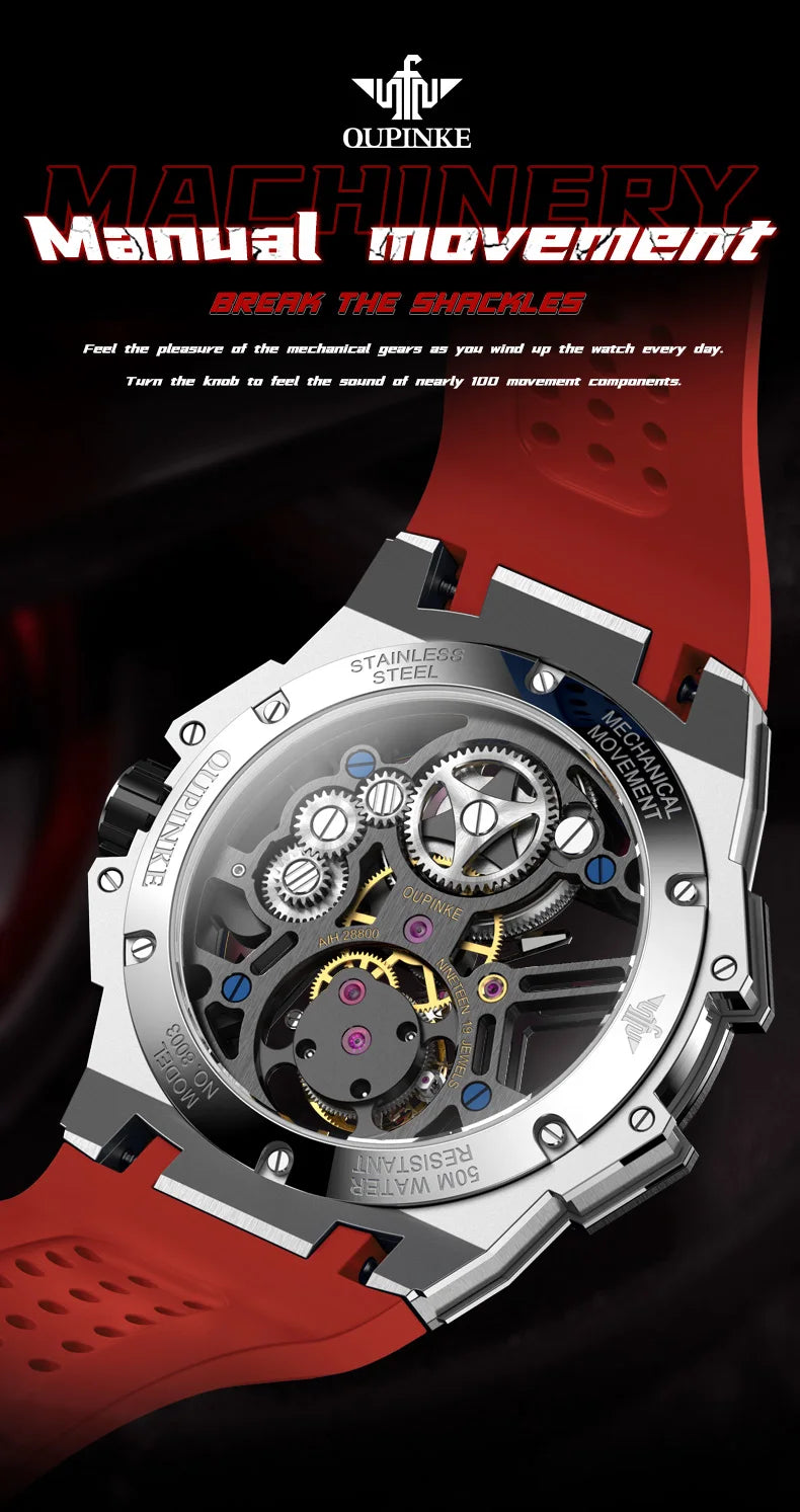 OUPINKE 8003 Men's Watch 45mm Big Dial Fashion Hollow Automatic Watch For Men Waterproof Luxury Tourbillon Mechanical Hand Clock
